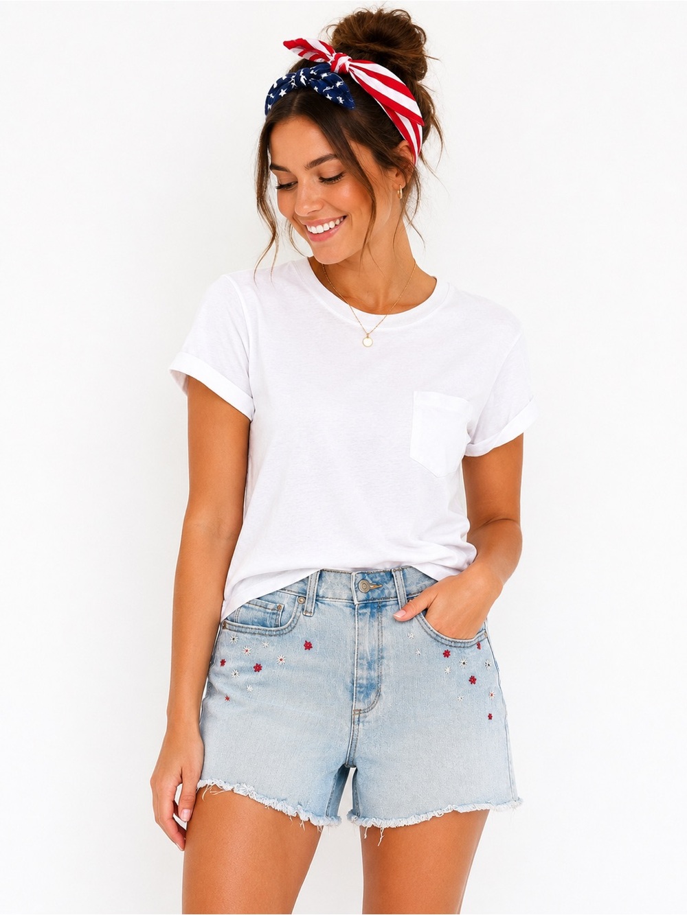 Denim Shorts Cotton Blend Embroidered Patriotic Fray Red White Blue Firework 14